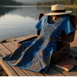 Flying Tomato Aztec Fit & Flare Sweater Dress Blue Black Tribal Womens Size XS